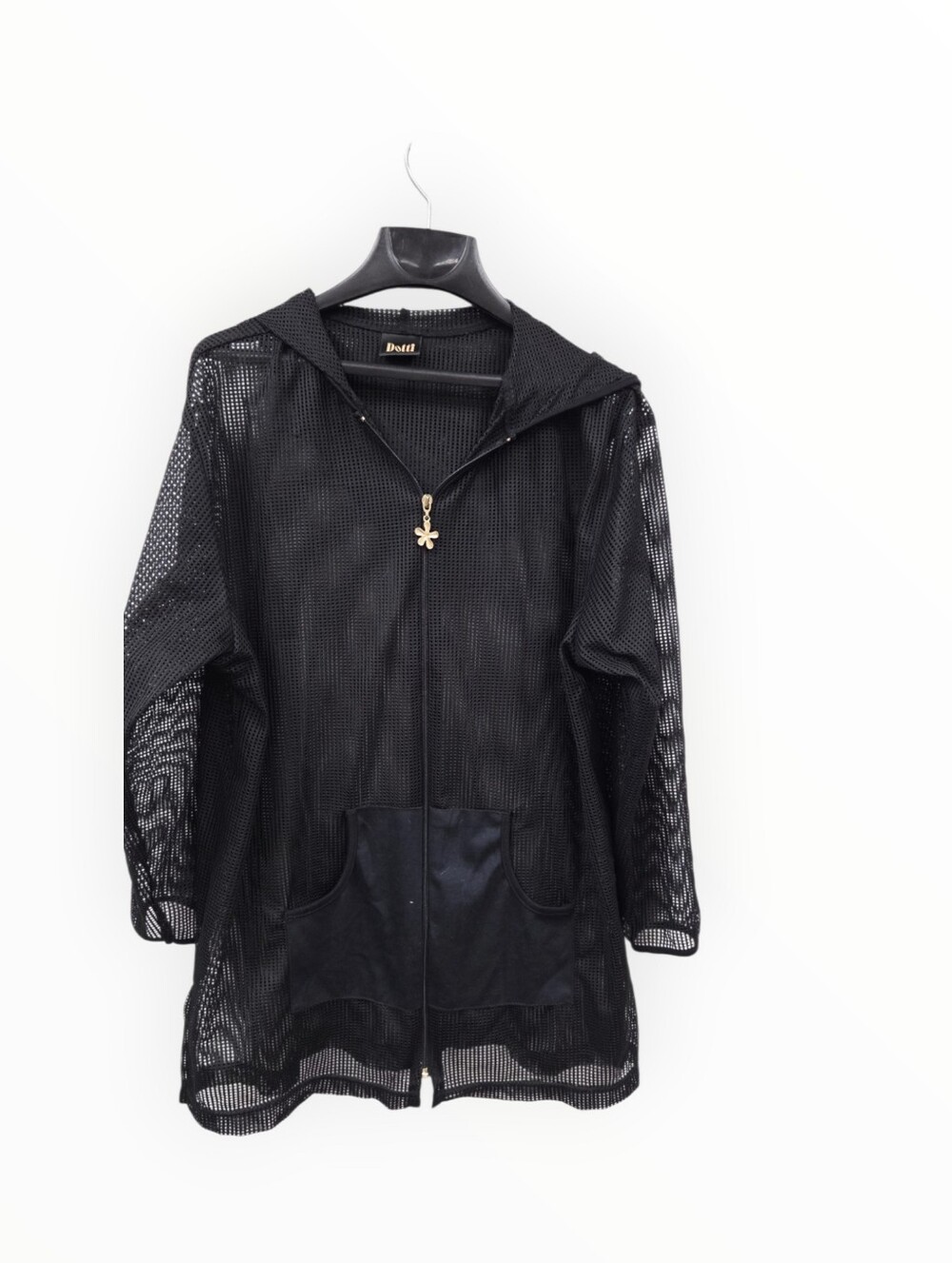 Dotti Black Mesh Hooded Zip-Front Utility Jacket XL beach cover fishnet